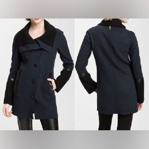 NWOT! Mackage Isabel Blue/Black Wool Cardigan/Coat/Jacket Ribbed Collar Small